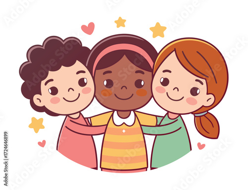 Three diverse children hugging and celebrating friendship in cartoon illustration