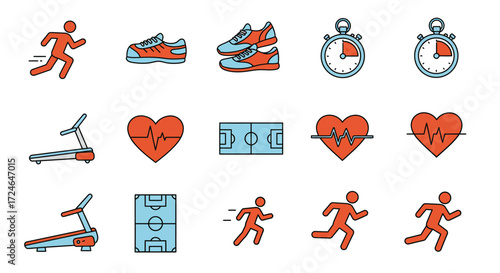 Fitness Elements Line Art Style Various sports equipment and figures for healthy lifestyle