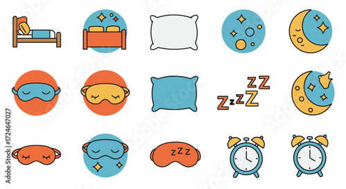 Sleep Time Elements Vector Collection Bed Pillow Mask Alarm Clock Night Sky