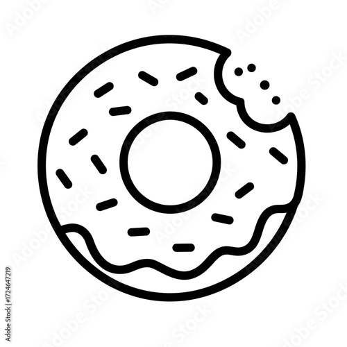 Donut Line art Bitten sweet treat with sprinkles black and white outline delicious snack