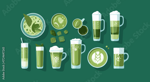 A Variety of Matcha: A vibrant top-down illustration showcasing an assortment of refreshing matcha beverages, ranging from frothy lattes to elegantly layered drinks, providing a visual feast.