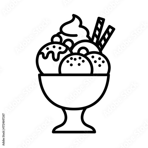 Ice cream dessert vector line art three scoops toppings in bowl sweet treat
