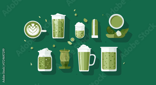 Matcha Varieties: A vibrant collection of matcha drinks, showcasing the versatility and beauty of this beloved beverage, artfully arranged to delight and inspire.