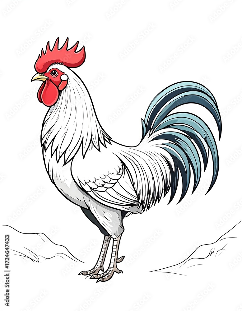 Fototapeta premium Rooster, white and teal plumage, standing proudly