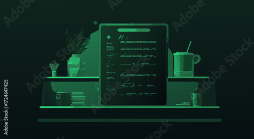 Digital Workspace: A minimalist rendering of a digital workspace, featuring a tablet displaying data alongside simple desk accessories. A blend of technological modernism and sleek aesthetic