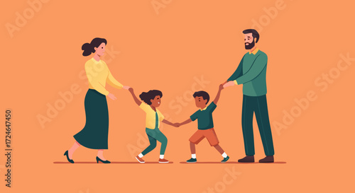 Family Bond: a vibrant illustration of a family of four, walking together hand in hand, and painted with warm orange background. 
