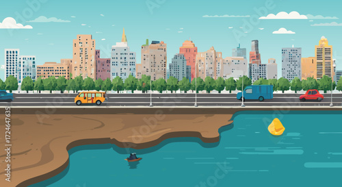 Cityscape: A vibrant cartoon illustration portrays a dynamic cityscape with skyscrapers and diverse vehicles, including a bus. A yellow rubber duck floats gently on the water. 