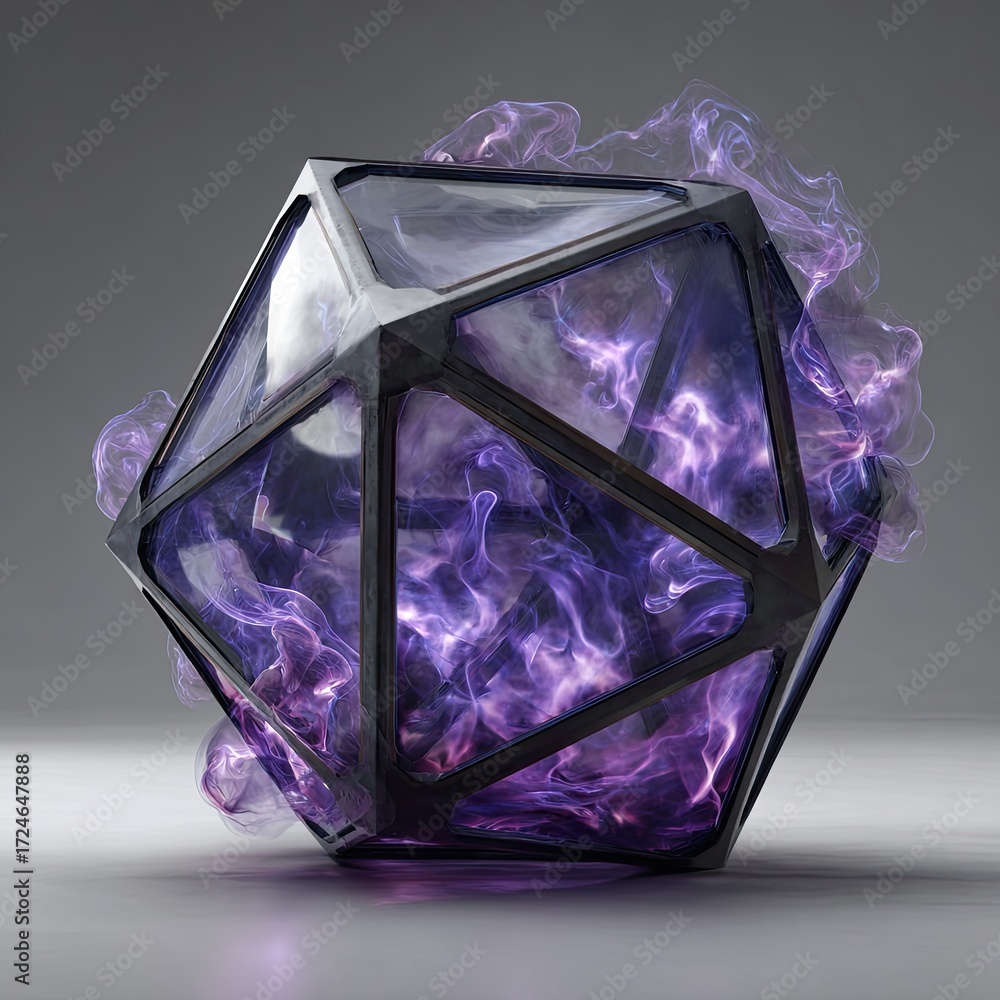 Abstract, geometric, dark, crystal-like object with swirling, vibrant purple smoke inside