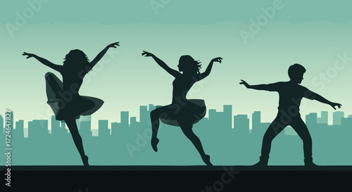 Dance Silhouette with Skyline: Silhouette of graceful dancers, immersed in the flow of movement, with a cityscape backdrop symbolizing art and freedom.