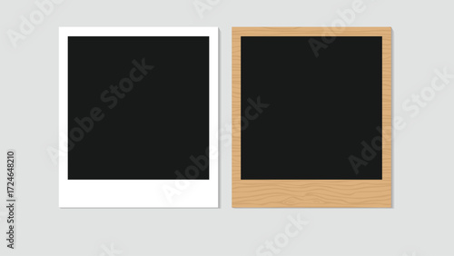 Realistic polaroid photo frame set with empty white and wooden styles and shadows, blank photo templates for collage, scrapbook, and vintage photography design