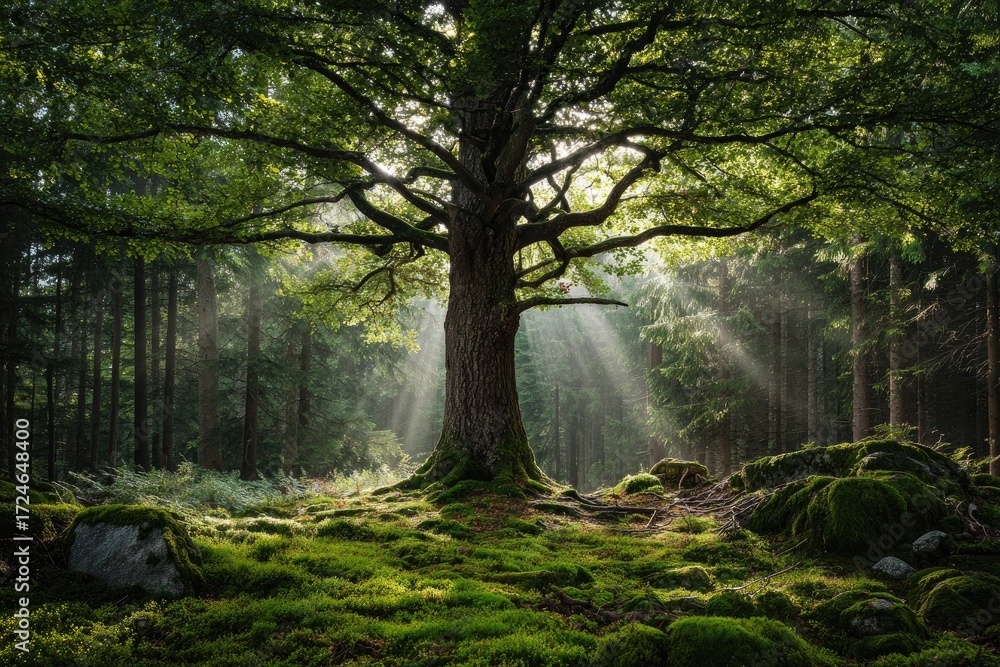 Fototapeta premium Majestic tree in sunlit forest