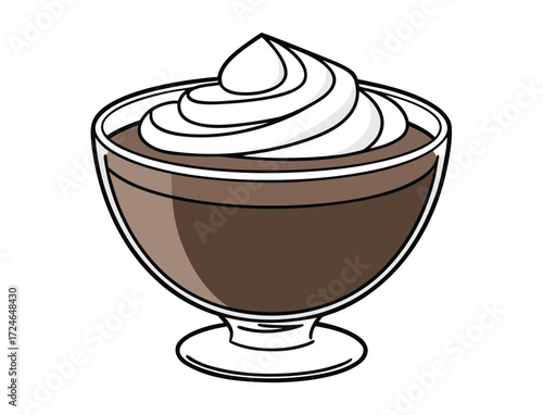 Delicious chocolate pudding with whipped cream in a dessert glass bowl