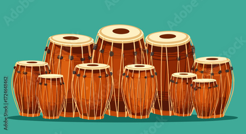 Melodic Ensemble of Tabla Drums: A vibrant and colorful depiction of a collection of traditional tabla drums, intricately detailed and arranged to evoke the soulful essence of Indian classical music.