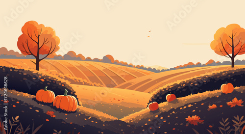 Autumnal Harvest Scene: Depicting a vibrant rural landscape, a harvest scene unfolds under the warm glow of a setting sun, with rolling fields and pumpkins.