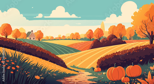 Autumn's Harvest: A picturesque illustration of a sun-kissed farm, with rolling fields of ripe crops, quaint house, and the vibrant colors of fall season.