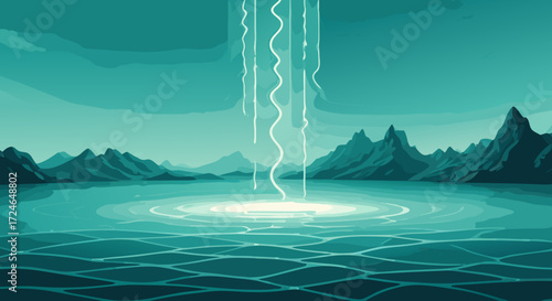 Mystical Waters and Light Pillars: An abstract illustration depicts ethereal light pillars emanating from a serene lake, nestled amidst majestic mountains.