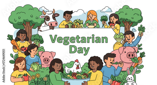 Illustration celebrating Vegetarian Day, featuring diverse people, animals, and fresh produce, promoting healthy eating.