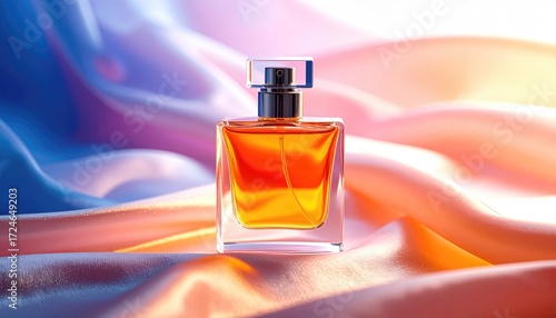 Elegant amber liquid perfume in a clear, square glass bottle sitting atop silky, flowing fabric with gradients of blue, pink, and peach