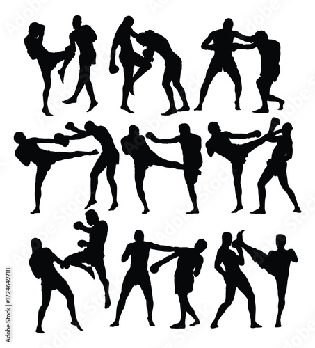 Set of silhouettes of kickboxers in various action