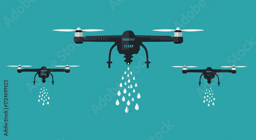 Aerial Application Drones: Three drones, in mid-flight, meticulously dispense their payloads, the spray meticulously rendered with meticulous precision and scientific expertise. 