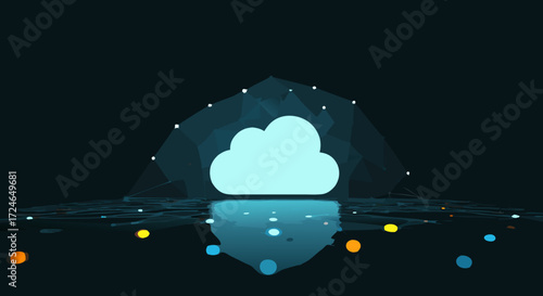 Cloud Data: A futuristic 3D rendering depicts the concept of cloud computing and data storage with the glowing white cloud icon in the center of dark background.