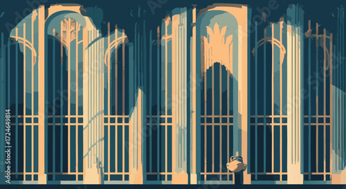 Architectural Grandeur: An abstract depiction of an ornate iron gate, offering a glimpse into a realm of architectural elegance. The play of light and shadow.