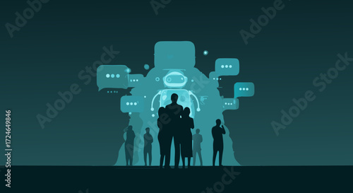 Digital Minds Unite: A silhouette of people, forming a digital ecosystem, communicate and share ideas, illustrating the seamless integration of artificial intelligence in an interconnected world. 