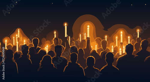 Illuminated Vigil: A collective of anonymous figures stand united in the night, each holding a lit candle, radiating warmth and hope against a backdrop of darkness.