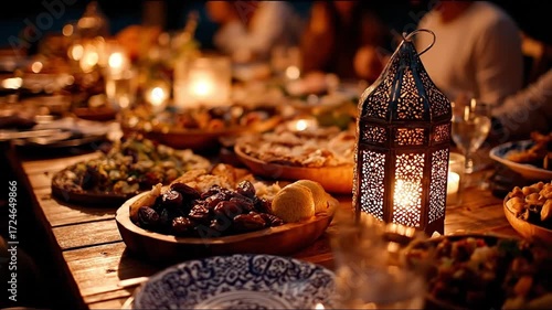 Feast laid on wooden table ornate lantern glowing platters laden with food intimate dinner setting