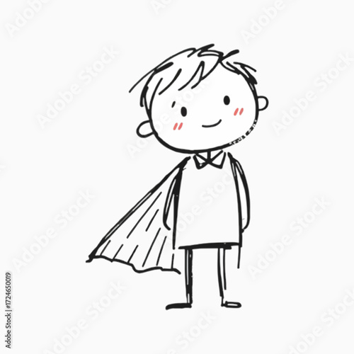 Doodle sketch boy wearing hero cape, playful childhood imagination theme for education or parenting content