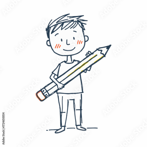 Vector doodle of boy with giant pencil facing forward, creativity and school theme for writing blogs