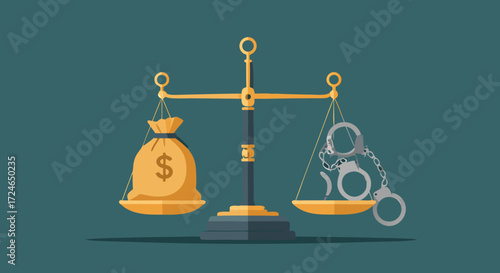 Balance of Justice: This image symbolizes the complex relationship between wealth and justice, with a scale bearing a bag of money against handcuffs, representing legal concepts. 