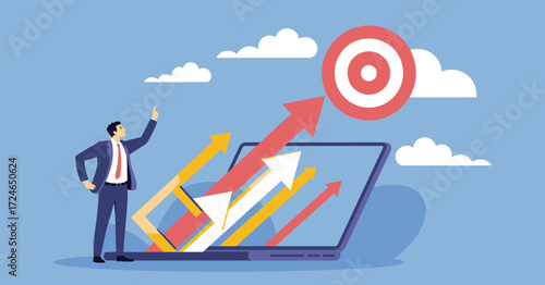 Business Growth Strategy Vector with Arrows Hitting Target – Success Concept Illustration for Corporate Progress, Marketing Goals, Financial Planning, and Future Vision in Flat Design