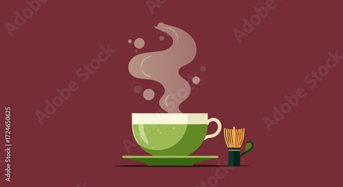 Steaming Cup of Green Tea: A minimalist illustration of a steaming cup of green tea, evoking a sense of warmth, comfort, and relaxation. 