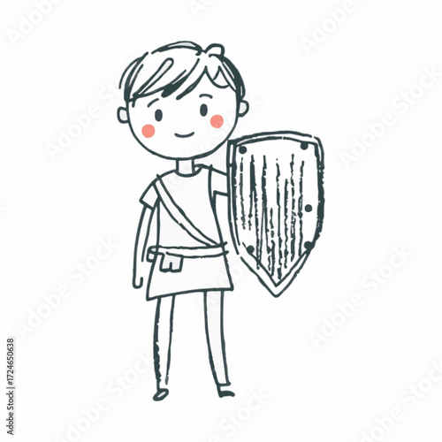 Doodle sketch vector boy with medieval shield, playful knight concept for fantasy or history themes