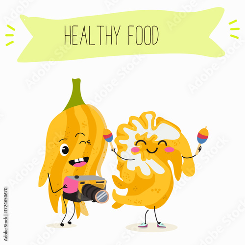 Buddha's hand fruit funny characters, hand drawn vector illustration.