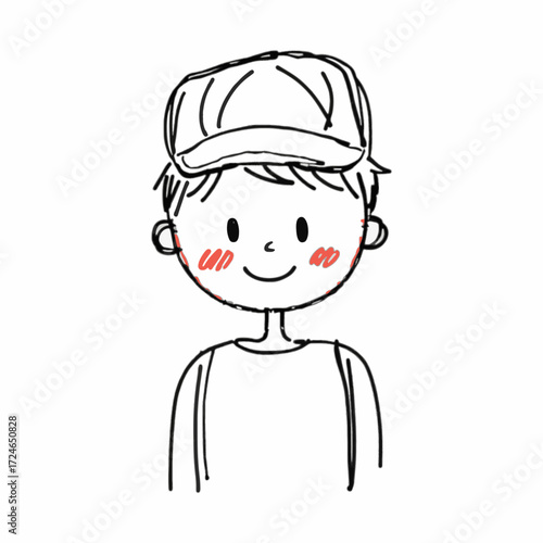 Doodle sketch vector boy smiling with red cheeks, cute character for family or childhood themes