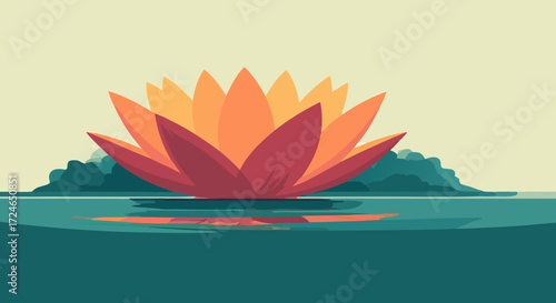 Lotus Blossom Serenity: A vibrant lotus flower floats serenely on a tranquil body of water, its colorful petals opening gracefully. The soft light casts a warm glow, suggesting peace. 