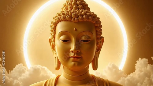 Divine Light Illuminates Lord Buddha's Face in 4K Video, a Symbol of Peace, Spirituality, and Tranquility Perfect for Meditation and Religious Projects