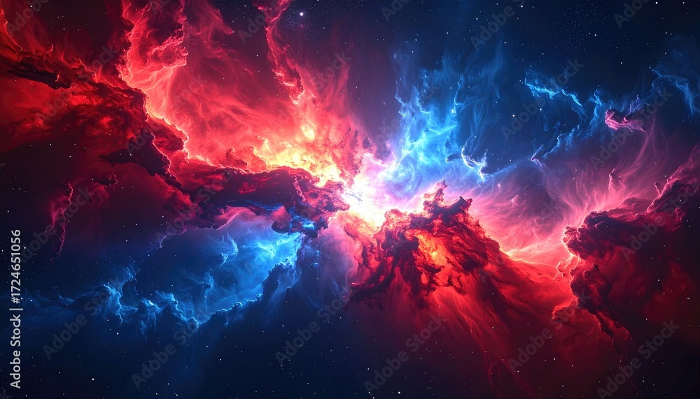 Obraz premium A vibrant nebula bursts with fiery red and cool blue hues, illuminating the dark expanse with cosmic light, textures, and swirling clouds of gas