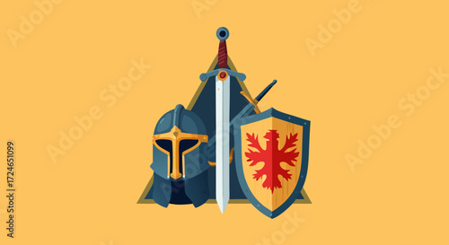 Valor's Arsenal: An illustrated ensemble of knightly accoutrements including a sword, shield, and helmet, presented in a refined design, epitomizes valor, courage, and strength. 