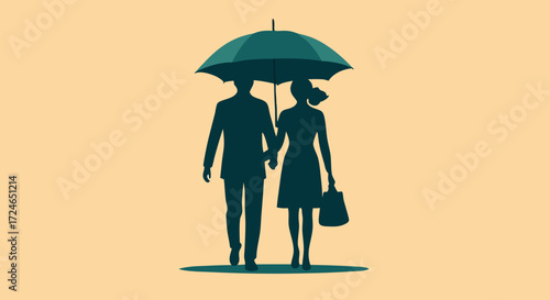 Silhouette of a Stroll: A couple walks hand-in-hand, under the gentle embrace of an umbrella, symbolizing love and togetherness in a charming silhouette, capturing tender moments.