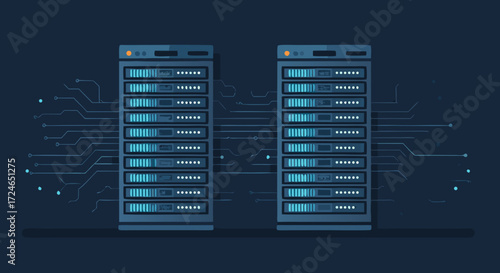 Digital Realm's Fortress: An illustration of server racks, symbols of data management and security, creating a visual narrative of advanced technology and robust digital infrastructure.