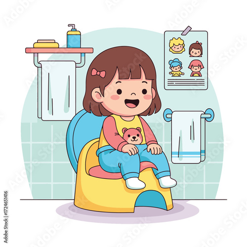 A happy young girl sitting on a potty training seat in a bathroom, with towels and a chart on the wall.