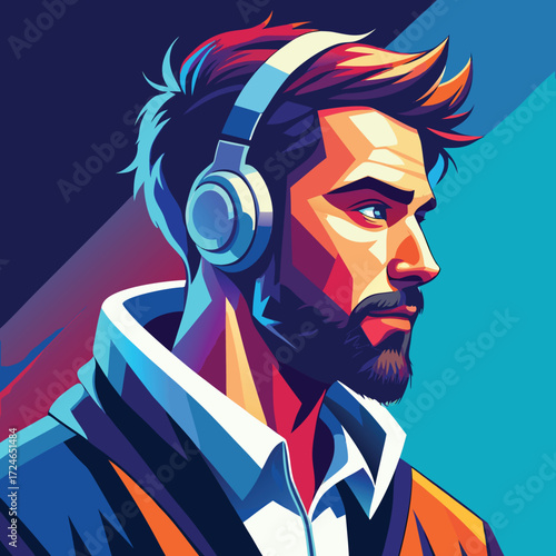 Melody in Mind: An illustrative portrait captures a man engrossed in music, his features bathed in vibrant hues, suggesting a world of sound and introspection.