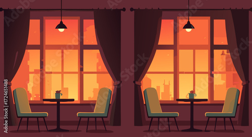Cozy Cafe at Sunset: A charming cafe interior is bathed in the warm glow of a setting sun, offering a tranquil ambiance with elegant decor and inviting tables.