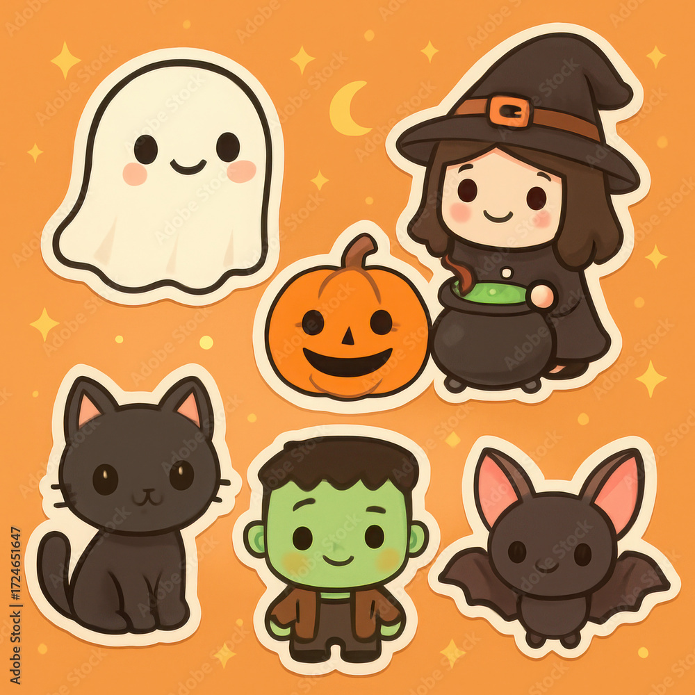 Fototapeta premium Adorable cartoon ghost witch pumpkin black cat Frankenstein and bat set on orange background
