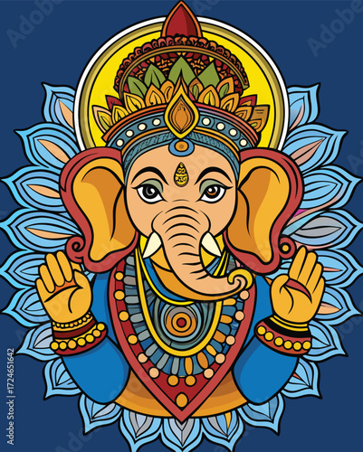 Divine Presence of Ganesha: A captivating illustration portrays the beloved Hindu deity Ganesha, exuding divine serenity. It showcases Ganesha's gentle form.
