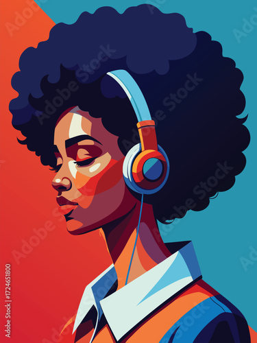 Serene Sonic Embrace: An illustration portrays a woman lost in a world of sound, headphones perched atop her hair, eyes gently closed in the bliss of the music.