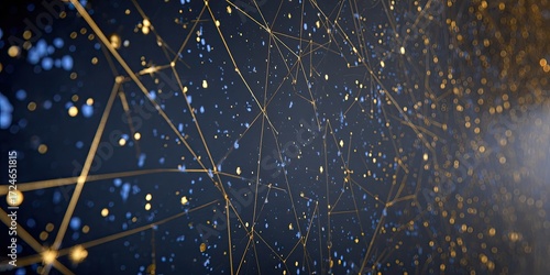 Abstract network of golden lines and blue dots on a dark background